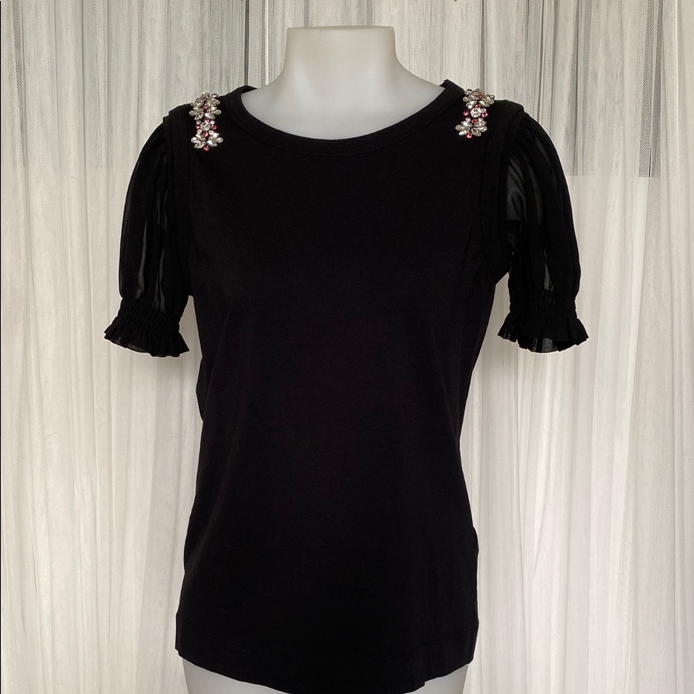 LIU•JO Embellished Black TopT-Shirt Puff Organza Short Sleeve
